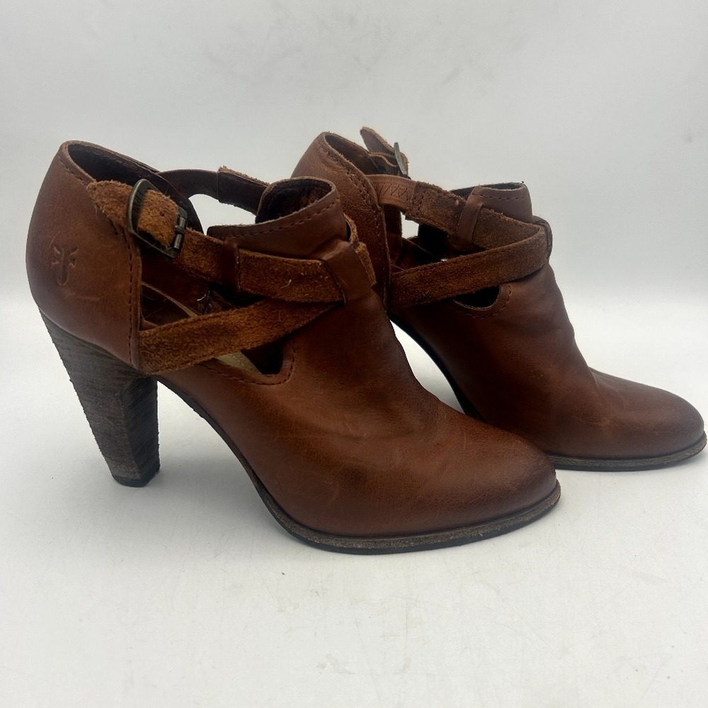 Frye Brown Leather Cutout Strap High Heel Booties